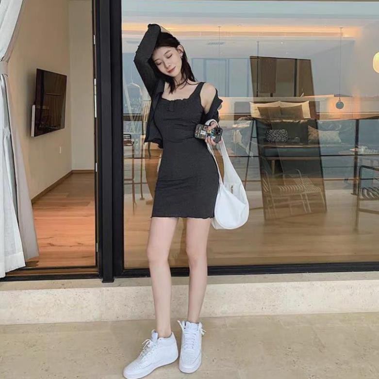 Sét đầm 2 dây kèm khoác xám