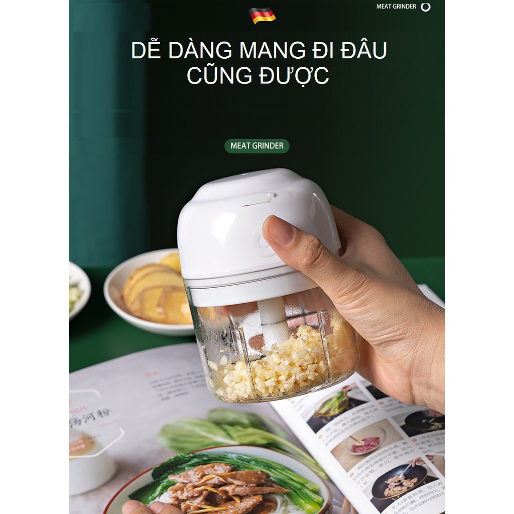 Máy Xay Tỏi Ớt Mini, Máy Xay Thịt, Rau Củ Mini 3 Lưỡi Dao Dung Tích 250ml Không Dây Tiện Lợi Cho Nhà Bếp