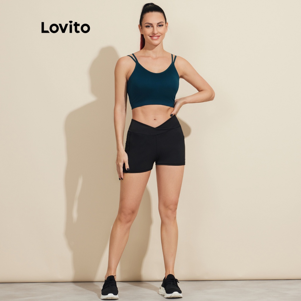 Quần short Lovito màu trơn lưng cao có túi thiết kế chéo dây phong cách thể thao L18X537 (Màu đen)