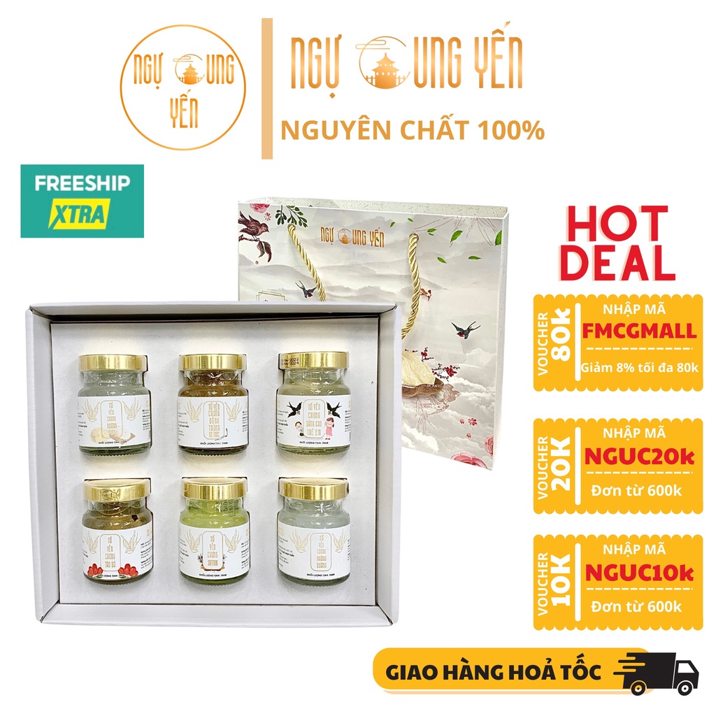 Yến Sào Ngự Cung - Set 6 Hũ Quà Tặng Tổ Yến Chưng Sẵn Mix (saffron, táo đỏ, không đường,hạt sen,đông trùng,đường phèn))