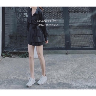 set sơmi đen + quần thắt nơ eo (ảnh thật)