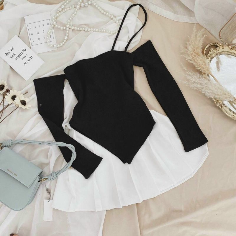 SET áo lệch tà trễ vai vạt xéo mix chân váy tennis
