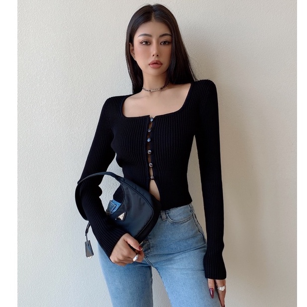 QKOOLE  Áo croptop Dệt Kim Dáng Ôm Phong Cách Hàn Quốc Cổ Điển Thời Trang Cho Nữ áo khoác