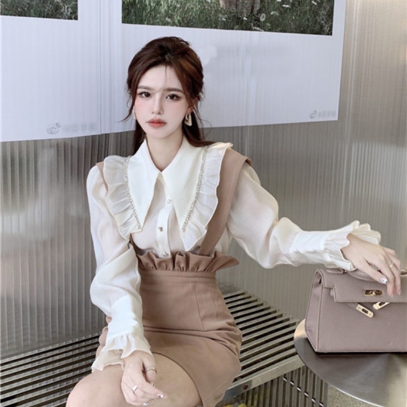 Set áo sơ mi tay dài phồng và đầm hai dây lưng cao ôm dáng thời trang dành cho nữ