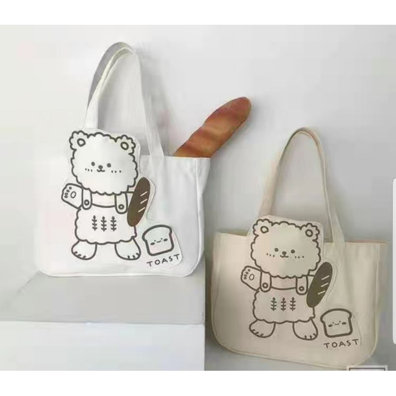 Túi tote gấu bánh mì và sanwich chất liệu canvas đeo vai size to họa tiết in sắc nét mã TP2 | tiemtuitotebypat