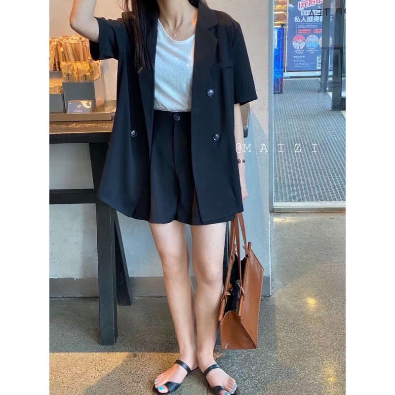 Blazer ngắn tay Hàn Quốc chất mỏng nhẹ mặc mùa hè - 3 mầu XANH/ ĐEN/ KEM 2160 | BigBuy360 - bigbuy360.vn