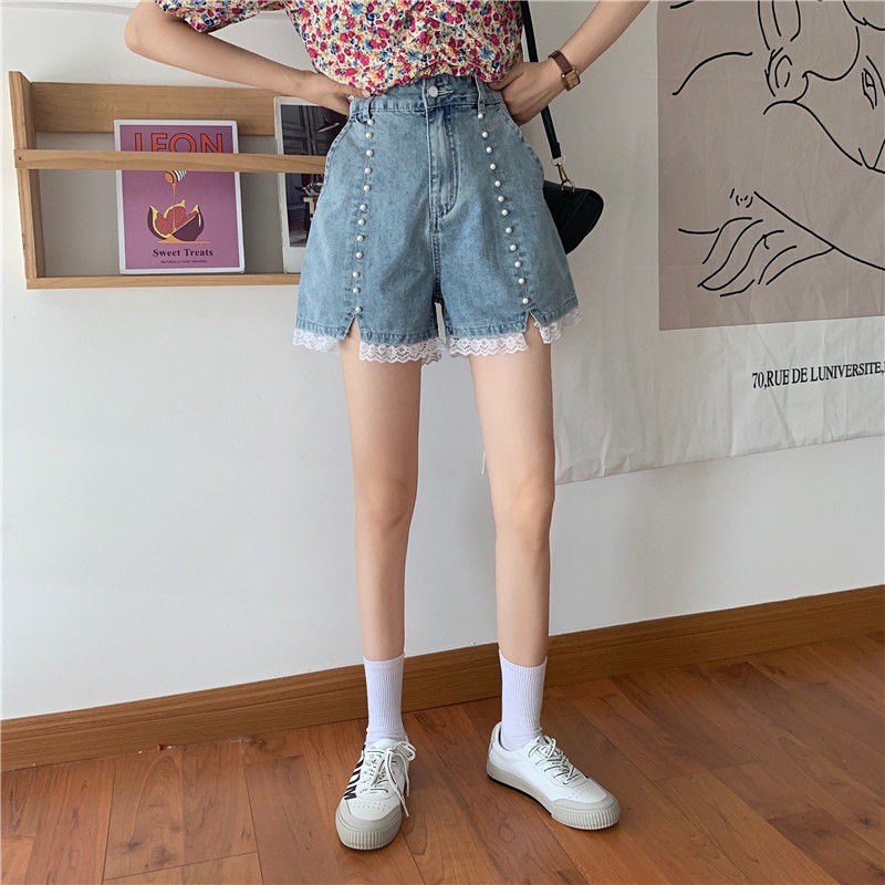 Quần Short Denim Ống Rộng Phối Ren Phong Cách Hàn Quốc