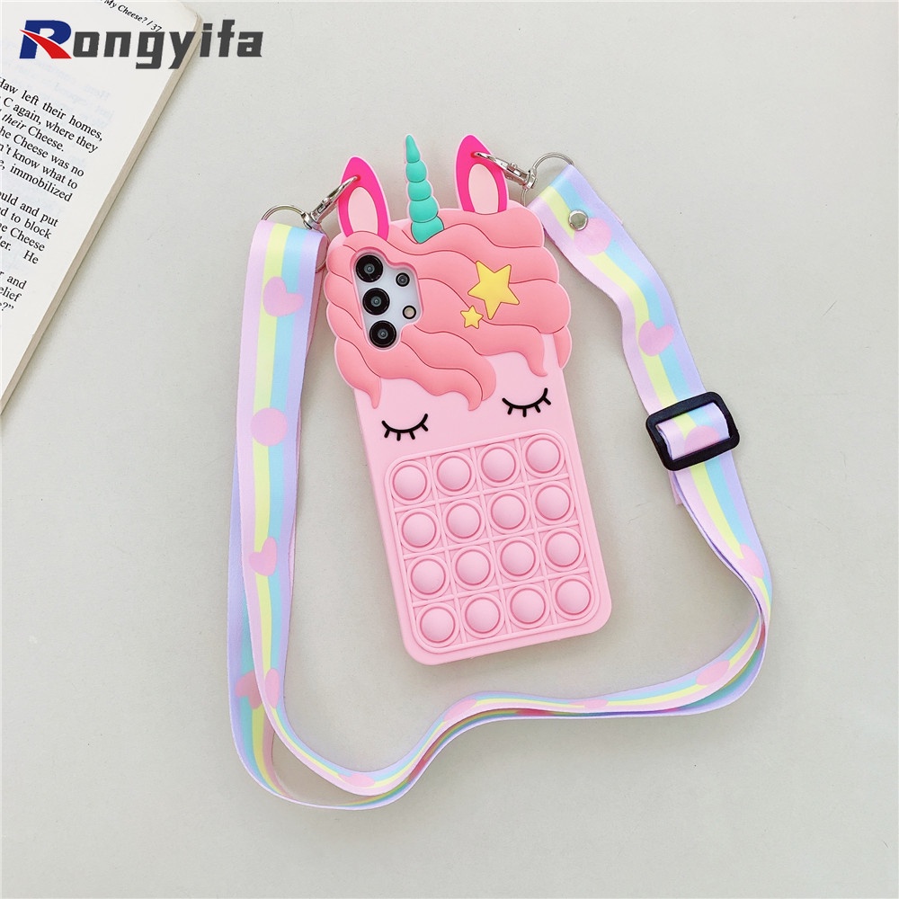 Ốp điện thoại silicone hình kỳ lân gắn bong bóng và có dây cho Samsung Galaxy Note 20 S21 S20 9U S10 10 S9 +