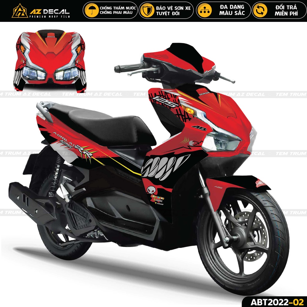 Tem Trùm Airblade Phong Cách Cá Mập | ABT2022-02 | Decal Dán Xe AB 2020 - 2022 Đẹp Màu Xám, Vàng, Đỏ, Xanh