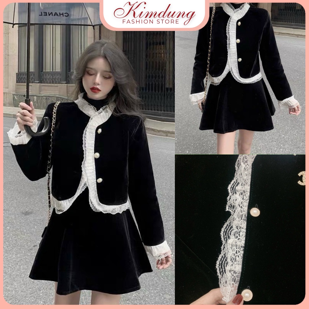 Set áo khoác chân váy xoè chất nhung phối viền ren cúc ngọc sang chảnh - Kim Dung Fashion Store