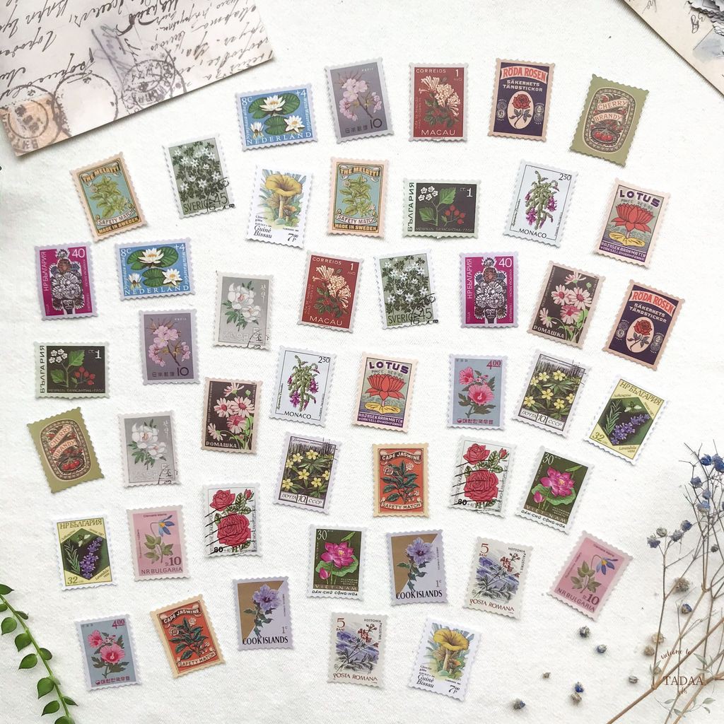 Set 46 sticker tem vintage hoa lá, butterfly, chuồn chuồn retro và phong cảnh màu sắc trang trí bì thư cổ điển