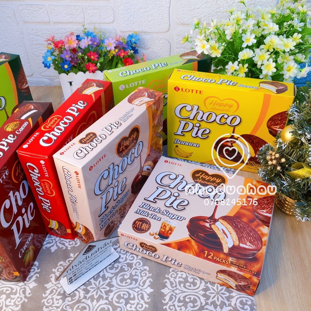 Một hộp bánh Chocopie nhân kem đủ vị vani/cacao/matcha/chuối/đường đen Lotte Hàn Quốc hộp 336gam hàng cty chuẩn xịn