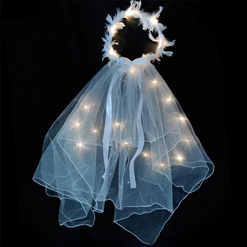 Mạng Che Mặt Phối Ren Và Lông Vũ Có Đèn LED Đẹp Mắt Cho Nữ