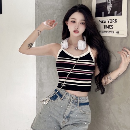 Áo Dệt Kim Không Tay Họa Tiết Kẻ Sọc Phong Cách Mới Thời Trang Mùa Hè Cho Nữ