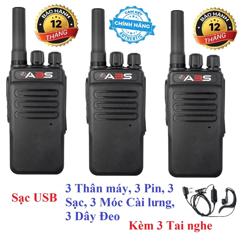 Bộ 3 Bộ đàm chính hãng ABS AB3000 (Loa chống từ tính Siêu To& Bền, Pin dung lượng lớn sử dụng trên 15 tiếng, Sạc USB)