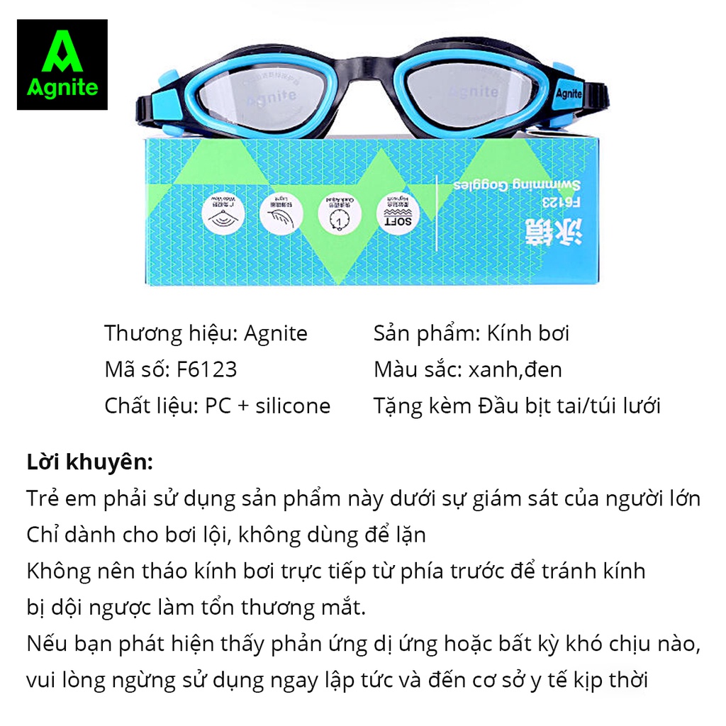 [Quà tặng] Kính bơi người lớn, trẻ em chính hãng Agnite chống tia UV bảo vệ mắt, thấu kính trong, tầm nhìn rõ