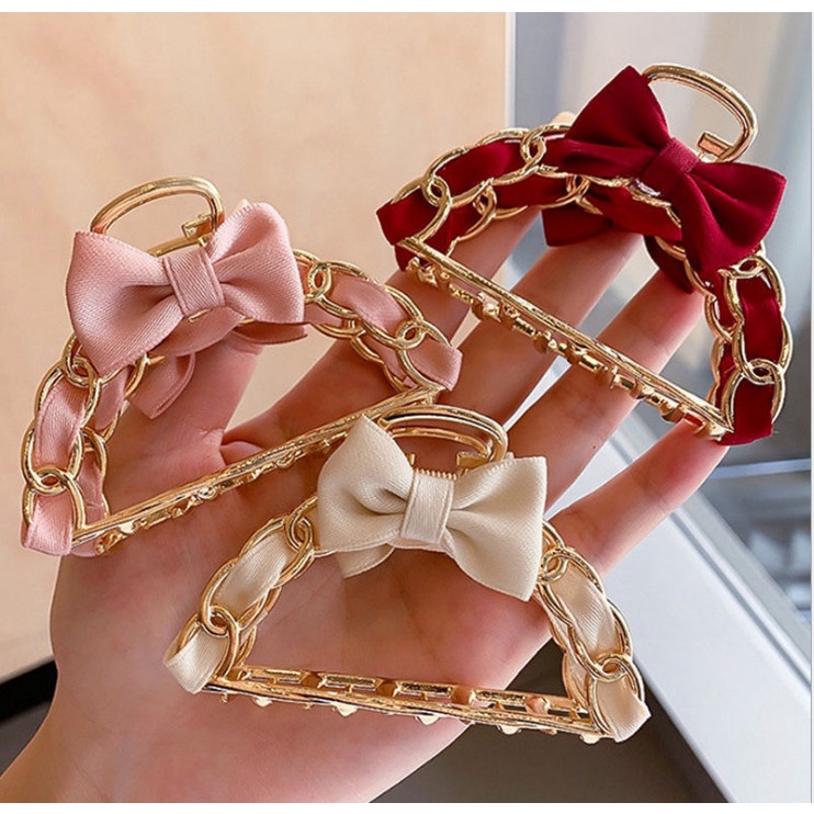 Kẹp tóc nữ nơ hàn quốc, kẹp móc xích kim loại dây nơ tiểu thư, sang chảnh
