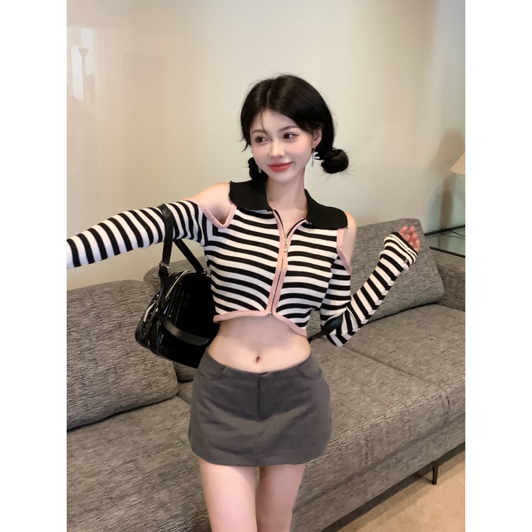 LALISAS Áo Dệt Kim Trễ Vai Họa Tiết Kẻ Sọc Thời Trang Hàn Quốc Dành Cho Nữ