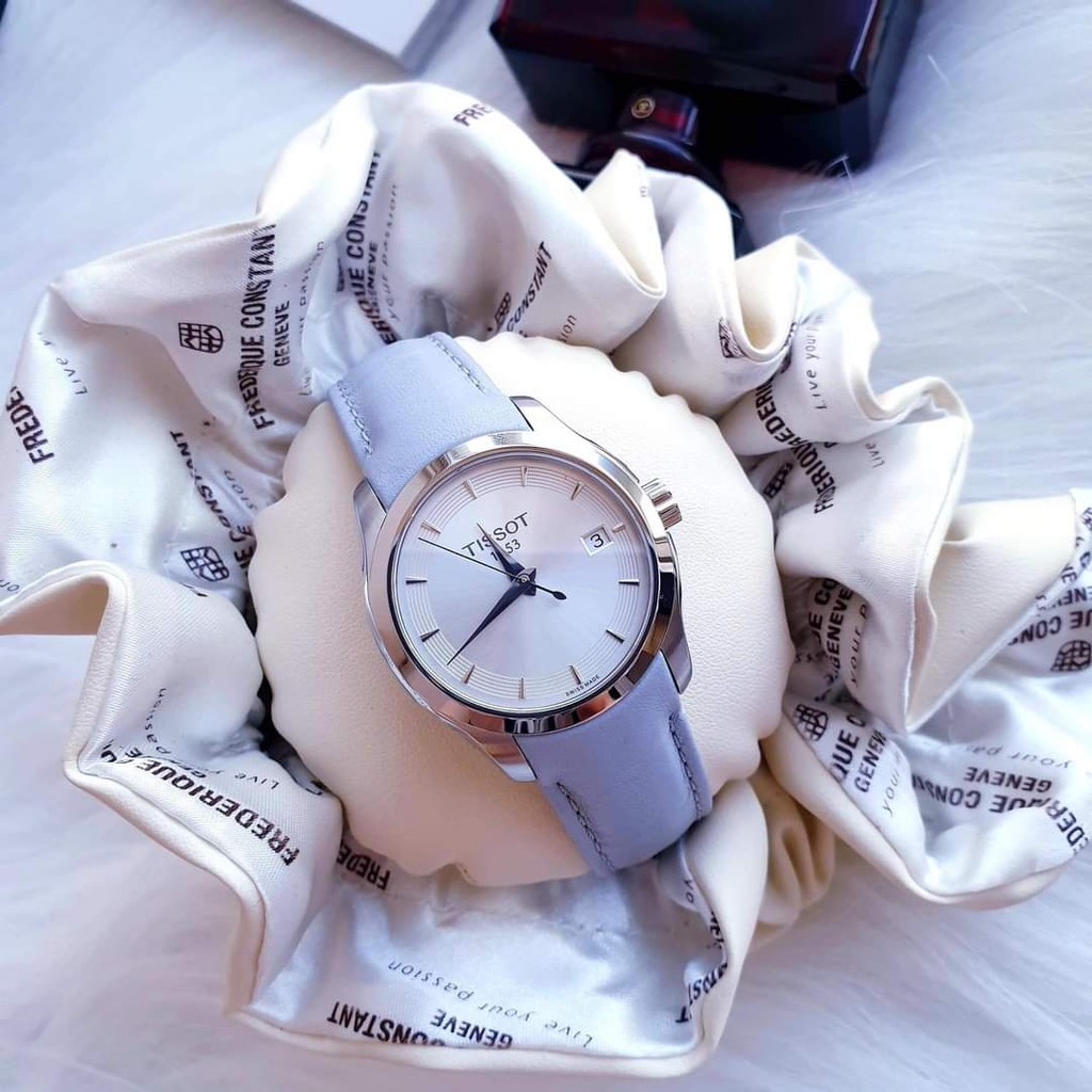Đồng hồ Nữ chính hãng Tissot 1853 Couturier T035.210.16.031.02 Size 32,Mặt trắng,Lịch ngày-Máy Pin Quartz-Dây da xanh