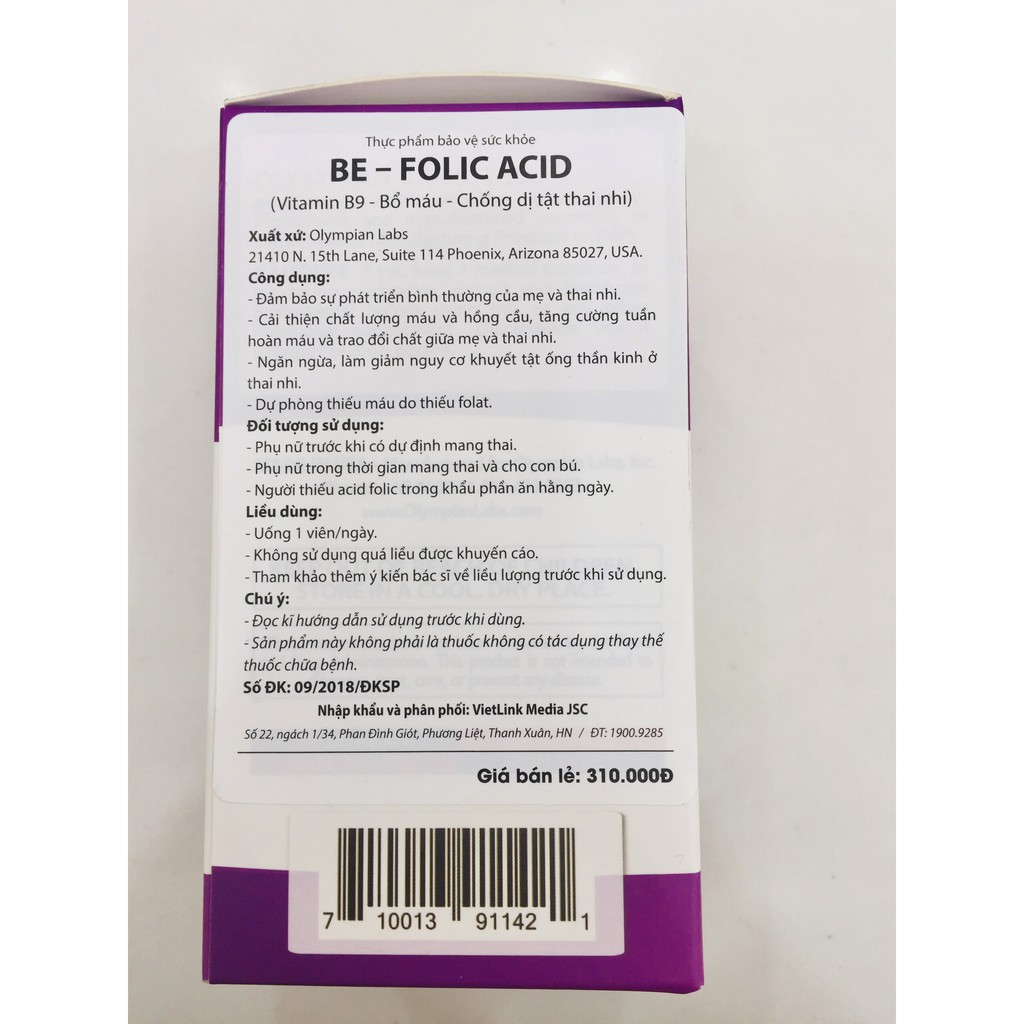 Be Folic Acid Olympian Labs -  Bổ máu, chống dị tật thai nhi, Vitamin B9