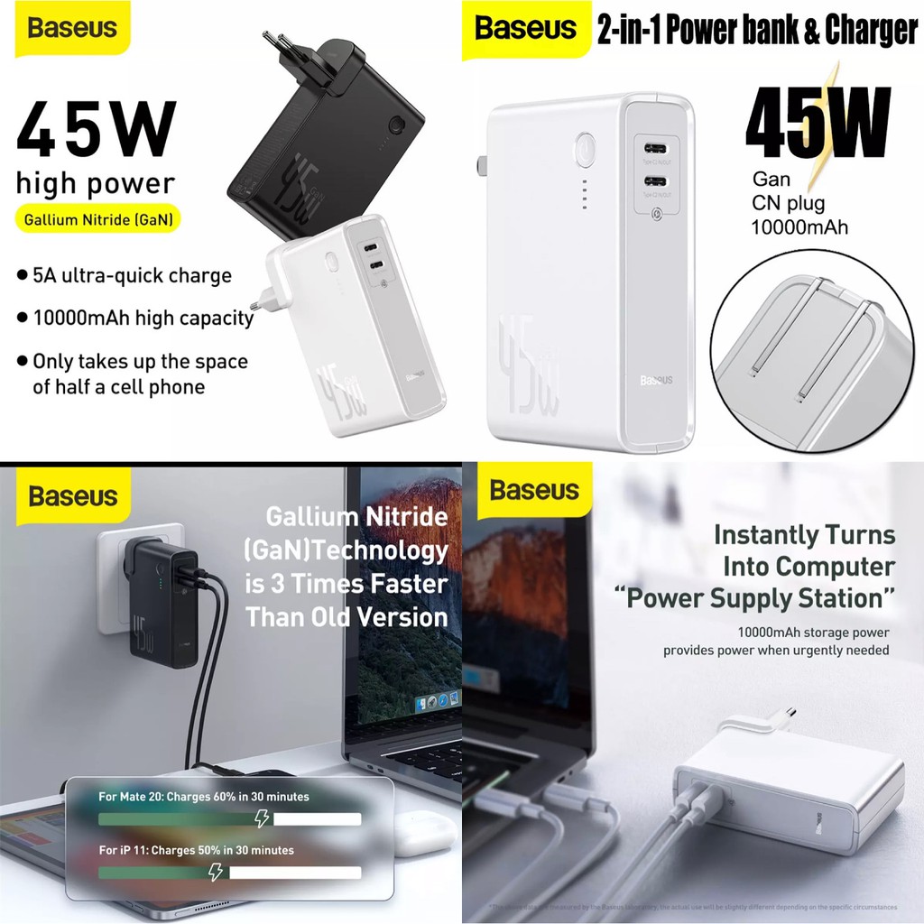 Pin sạc dự phòng KIÊM Củ sạc iPhone 13, Macbook, iPad Pro, Note 10+ BAEUS PPNLD 10000mAh 02 cổng USB-C PD/ PPS 45W GaN