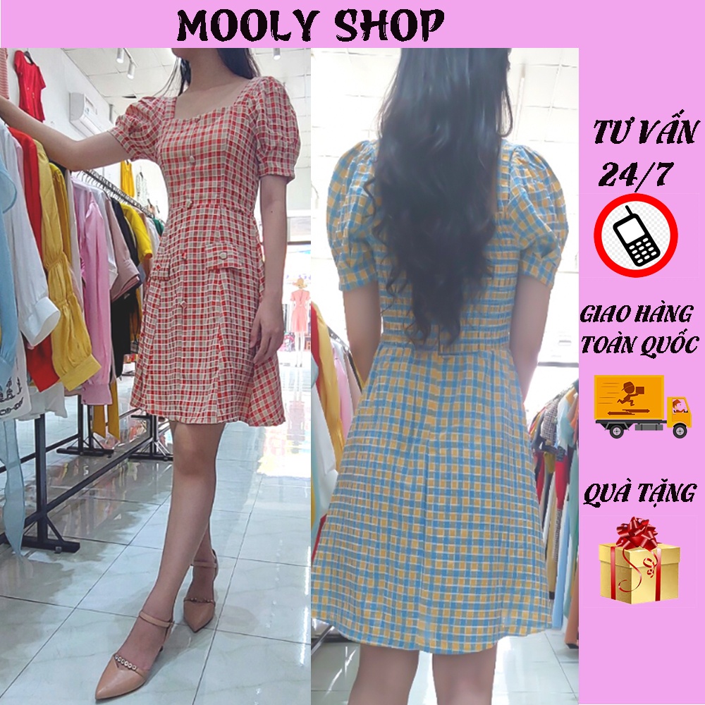 Đầm Caro Thiết Kế Vải Nhung Cao Cấp Dáng Suông Freesize 40-57 kg Bo Thun Sao Lưng MOOLY SHOP