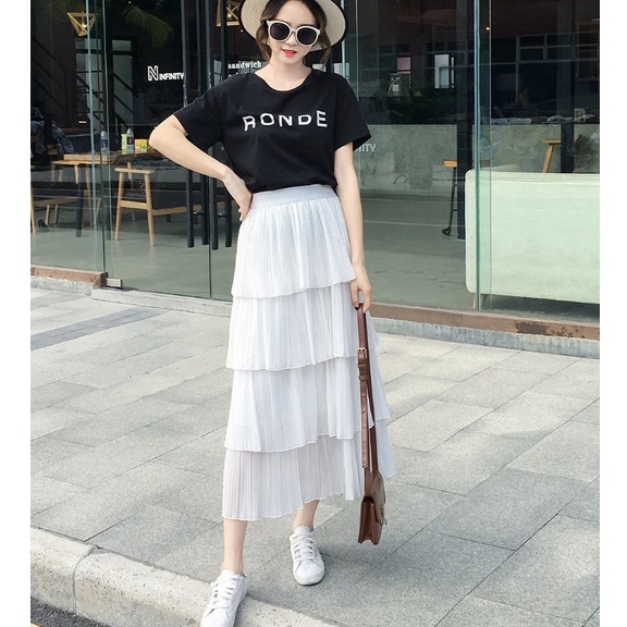 Chân váy voan tầng thời trang nữ 4 tầng nhún cao cấp chất siêu mát, co dãn, mầu đen trắng