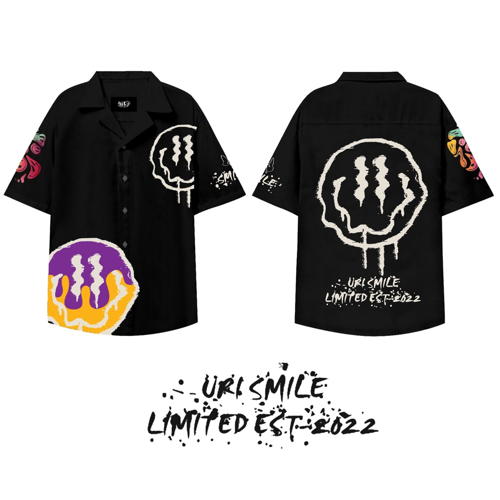 Áo sơ mi nam ngắn tay Họa tiết Form rộng, Mặt cười Đen- Local brand  CHÍNH HÃNG