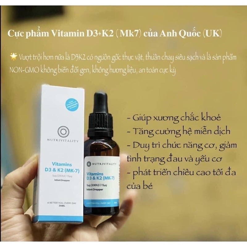 Vitamin D3 &amp; K2 MK7 cho bé Nutrivitality Anh D3K2 D3 K2 D3&amp;K2