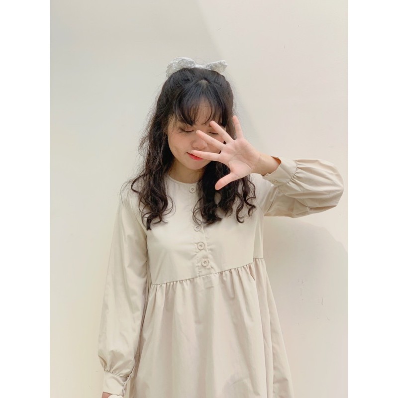 Đầm babydoll cúc trước màu be