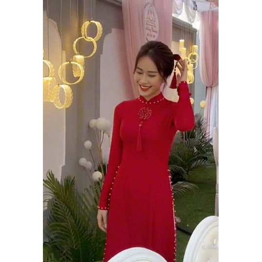 Áo dài đỏ nữ hỏi cưới lễ tết thiết kế đẹp thêu chữ hỷ tua rua