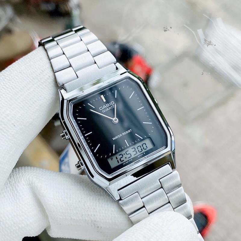 Đồng hồ Unisex Casio AQ-230A-1DMQ, đồng hồ chính hãng, silver gạch, mặt đen