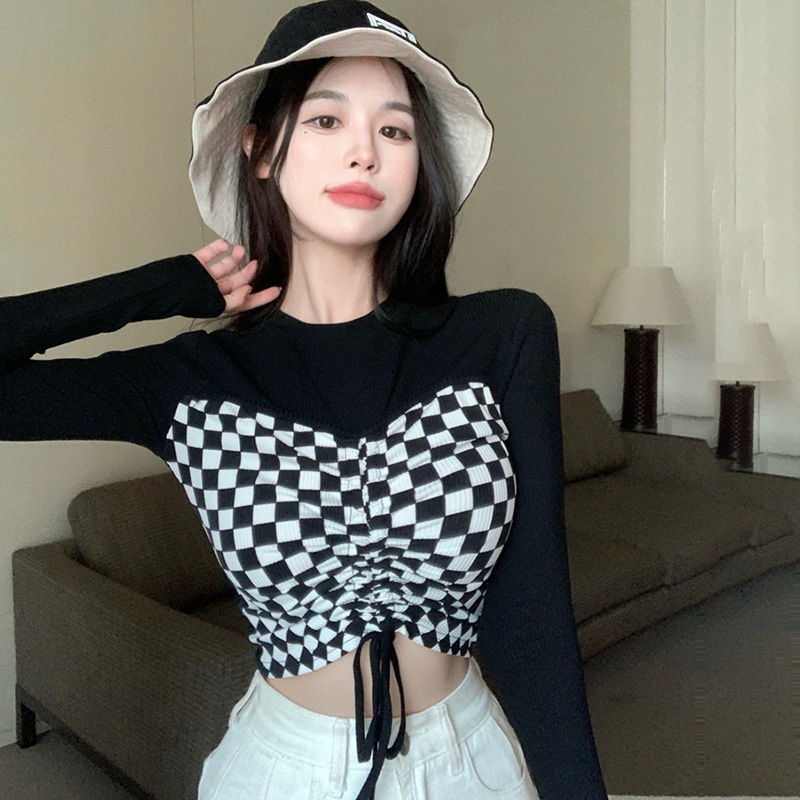 Áo croptop dệt kim tay dài dáng ôm phối dây rút trước họa tiết kẻ sọc thời trang mùa thu quyến rũ cho nữ