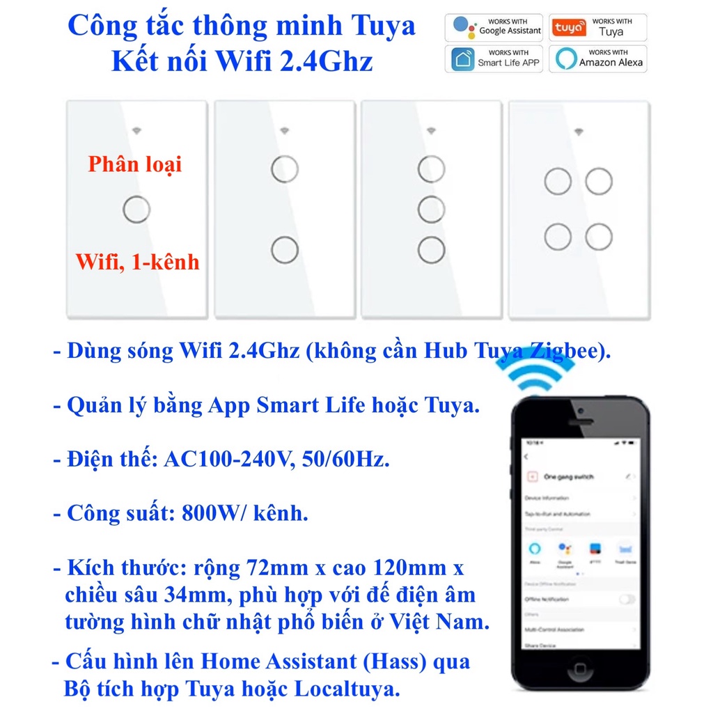 Công tắc thông minh Tuya, kết nối Wifi, loại 1/2/3/4 nút/ kênh/ gang, App Smart Life/ Tuya/ Home Assistant (Hass) -