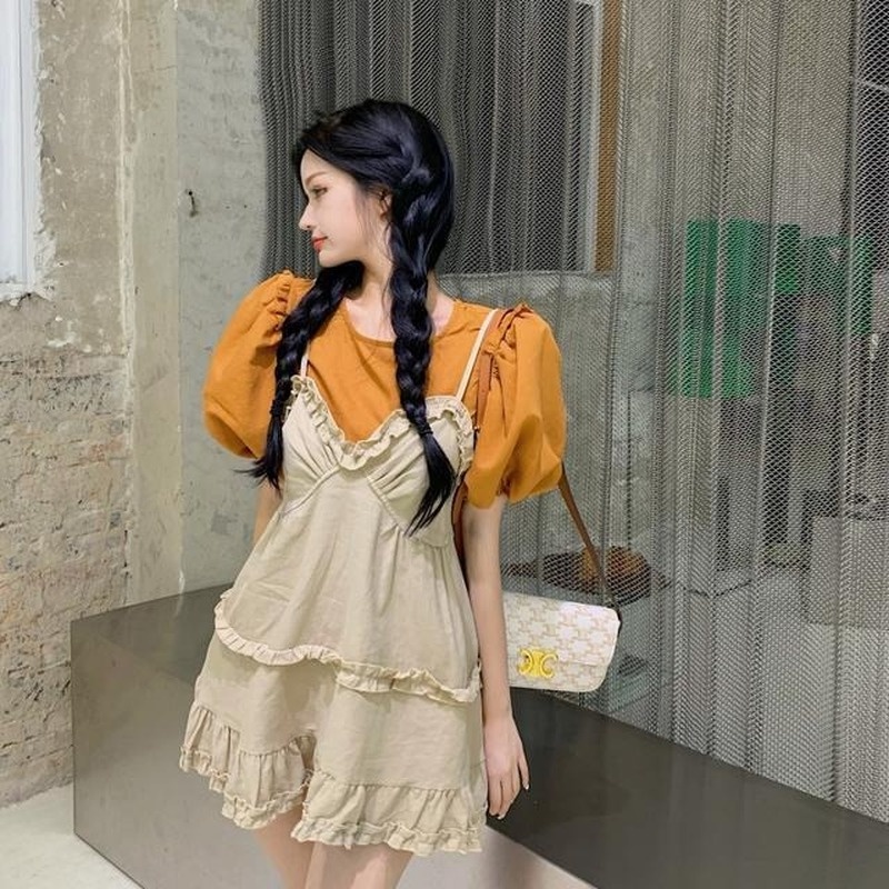 Set Áo Sơ Mi Tay Phồng + Váy Yếm Phong Cách Hàn Quốc Thời Trang Cho Nữ