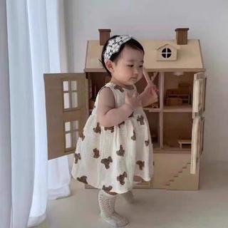 Áo váy cộc tay xô muslin hình gấu