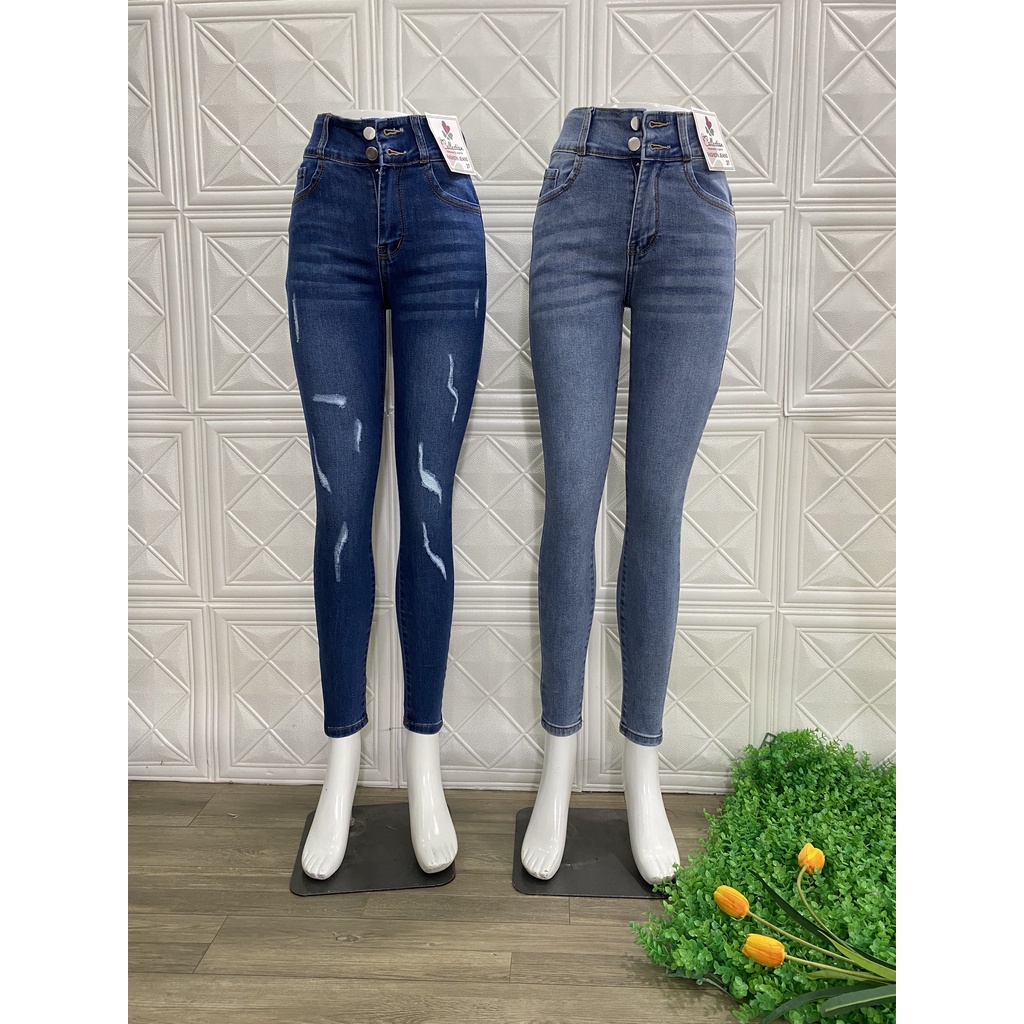 Quần Jean Dài Nữ Lưng Cao 2 Nút Rách Kiểu Có Size Đại