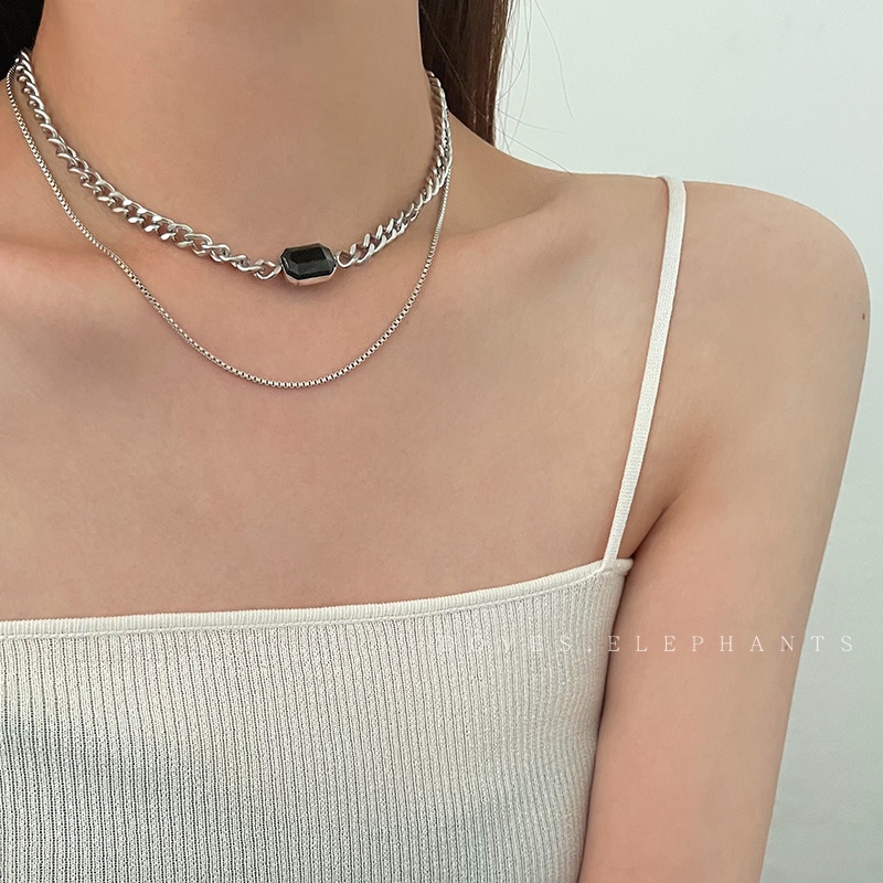 Vòng cổ hai lớp bằng thép titan màu đen đính đá phong cách hip hop đường phố