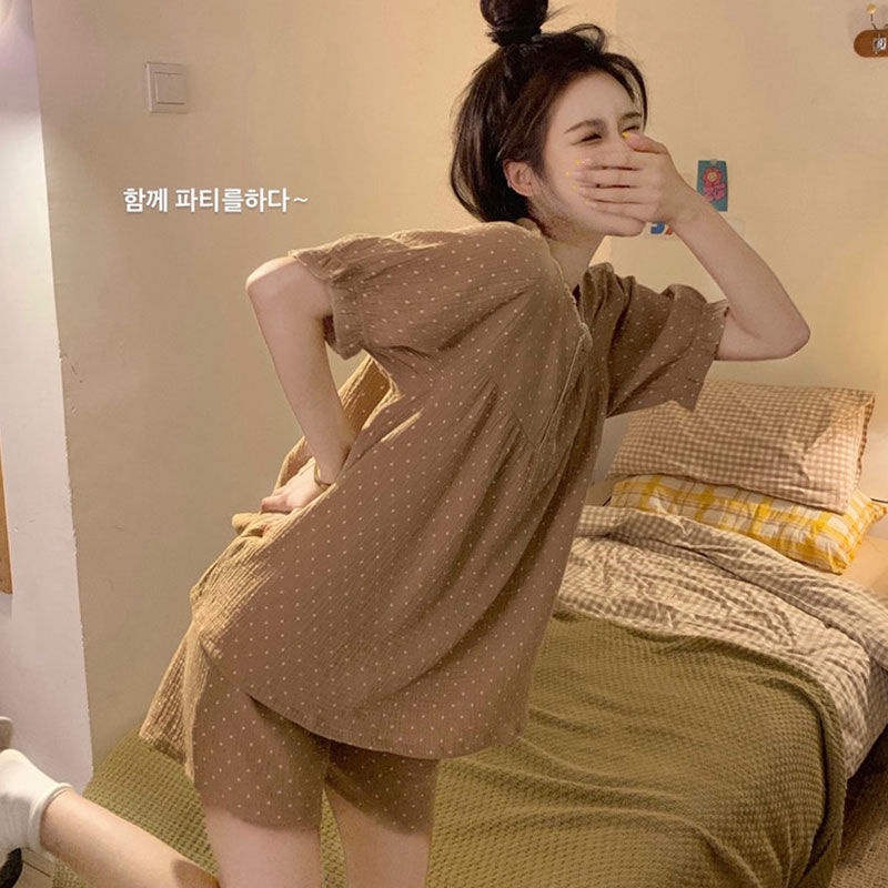 Bộ đồ ngủ FDS dáng ngắn họa tiết chấm bi phong cách Nhật bản thời trang xinh xắn cho nữ