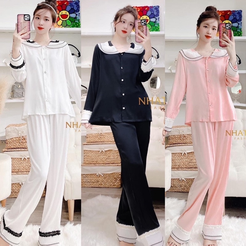 Đồ bộ pijama mặc nhà LỤA LATIN trơn tay dài TIỂU THƯ phối bèo hot trend kèm nơ cho bạn nữ sang trọng và tinh tế