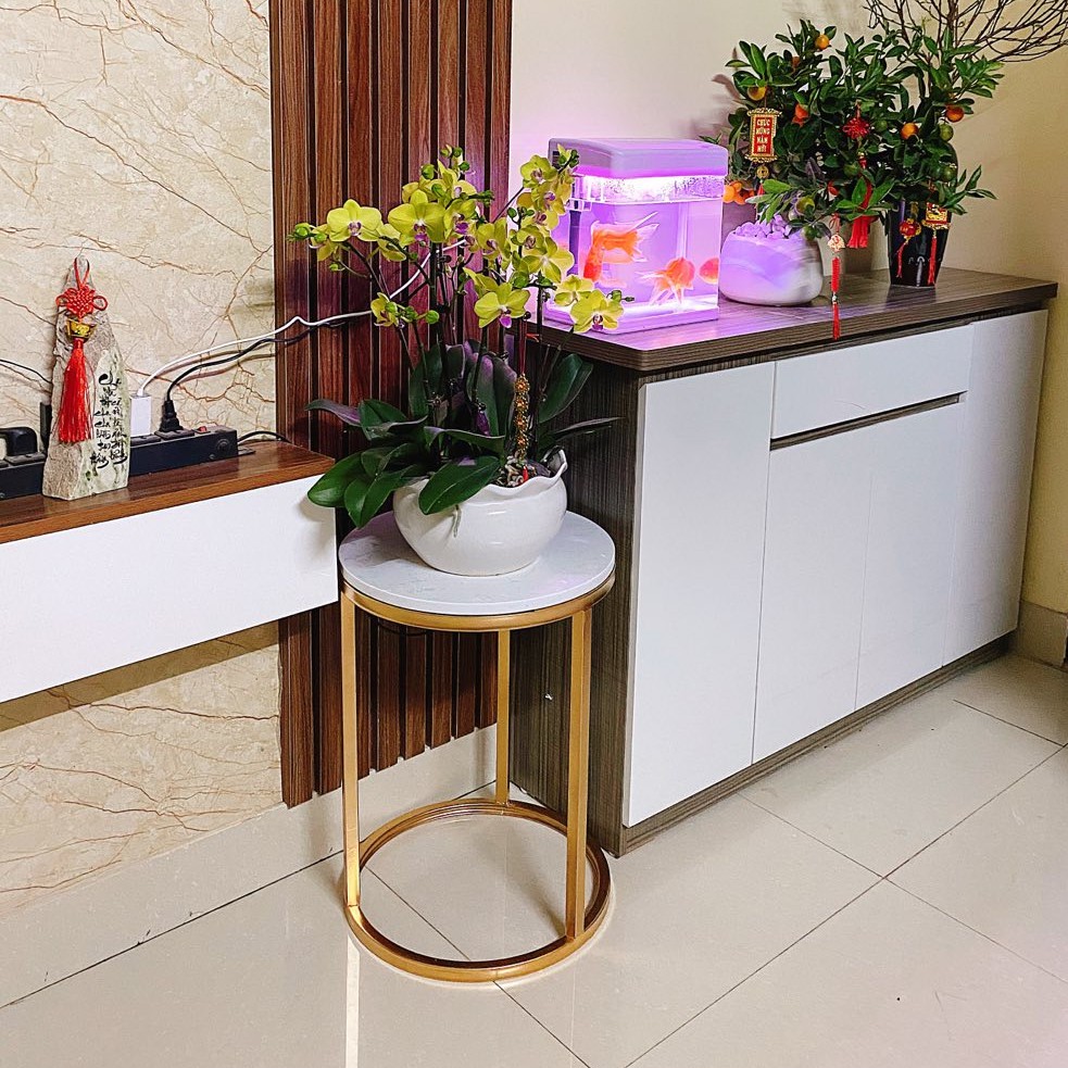 Bàn trà tròn sofa RIBO HOUSE mặt đá vân mây tab 2 tầng khung kim loại sơn tĩnh điện ngồi uống trà cafe ban công RIBO93 | BigBuy360 - bigbuy360.vn