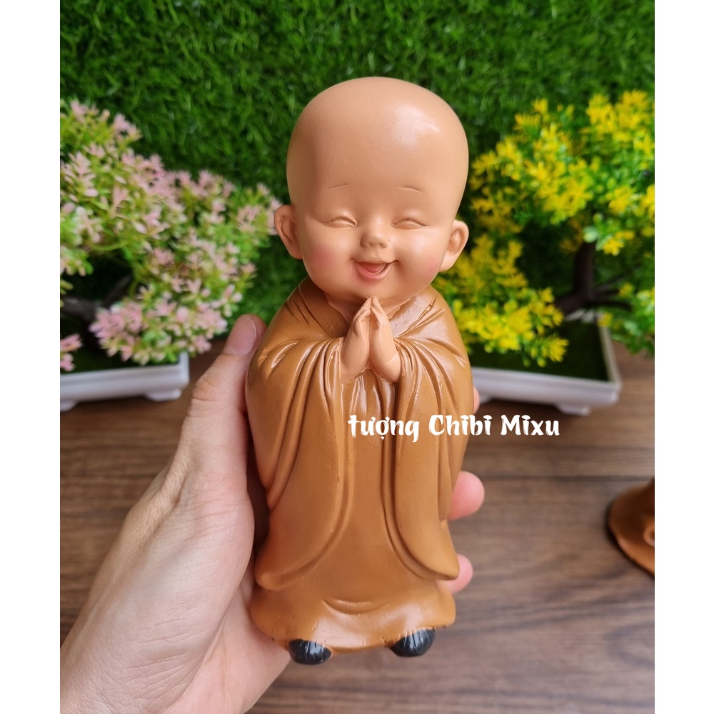 Bộ 03 tượng chú tiểu an nhiên áo nâu - mẫu đứng 16.5cm