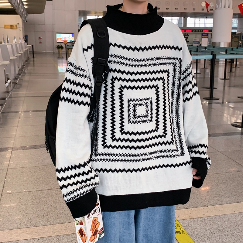 Áo sweater dệt kim tay dài cổ tròn dáng rộng in họa tiết hình học phong cách Nhật Bản thời trang đường phố cho nam size M-2XL