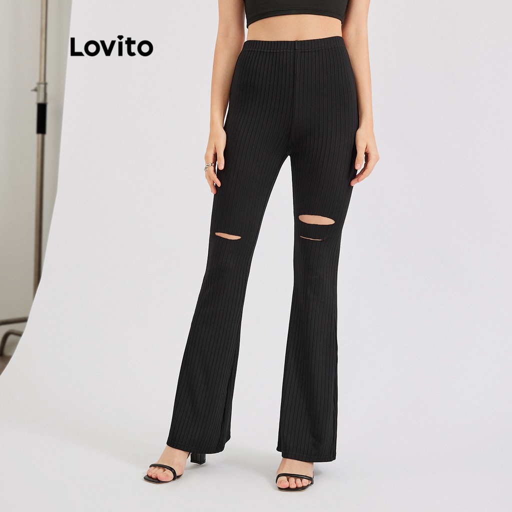 [Hàng có sẵn] Lovito Quần ống suông trơn trơn L30ED063 (Đen)