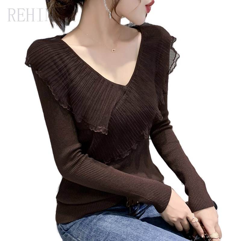 Áo len tay dài cổ chữ V viền bèo thời trang thu đông cho nữ