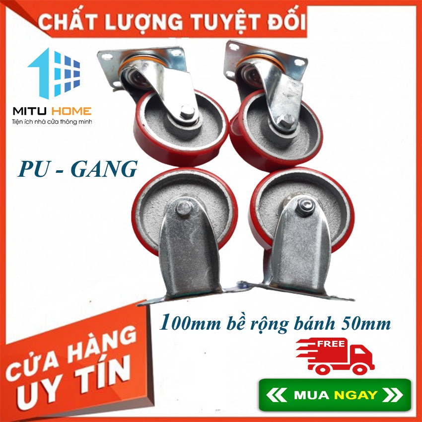 Bộ 4 Bánh xe PU – với đường kính 100mm bề rộng bánh 32mm - MITUHOME- Được sản xuất từ gang đúc đặc bọc lớp PU loại 100mm