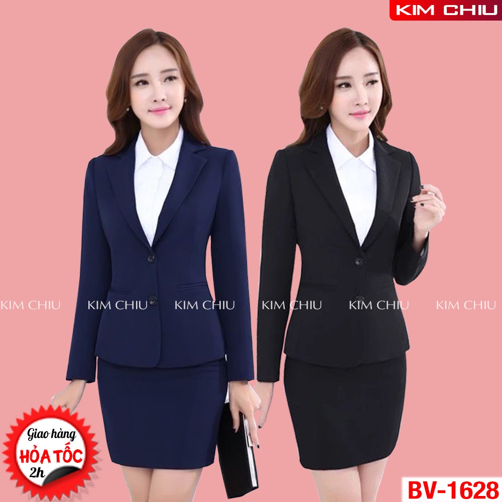 Bộ Vest Nữ Công Sở Cao Cấp Màu Đen, Xanh Đen, Áo Tay Dài Kết Hợp Chân Váy Ôm Vải Tuyết Mưa Form Đẹp. BVTD-1628