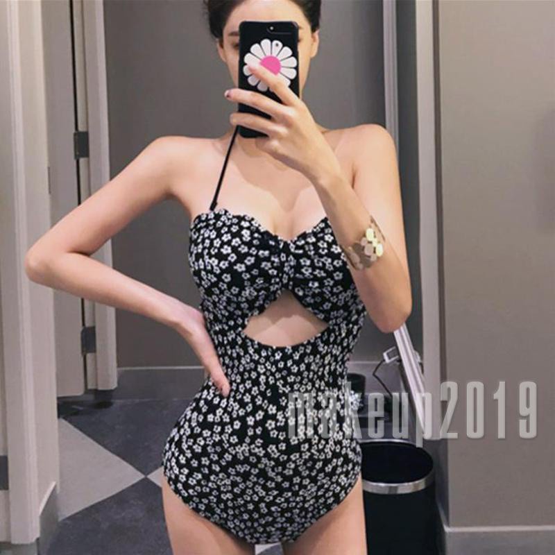 Mu♫-Women Floral Print One-piece Swimsuit Sleeveless V-neck Hollow Out Swimwear