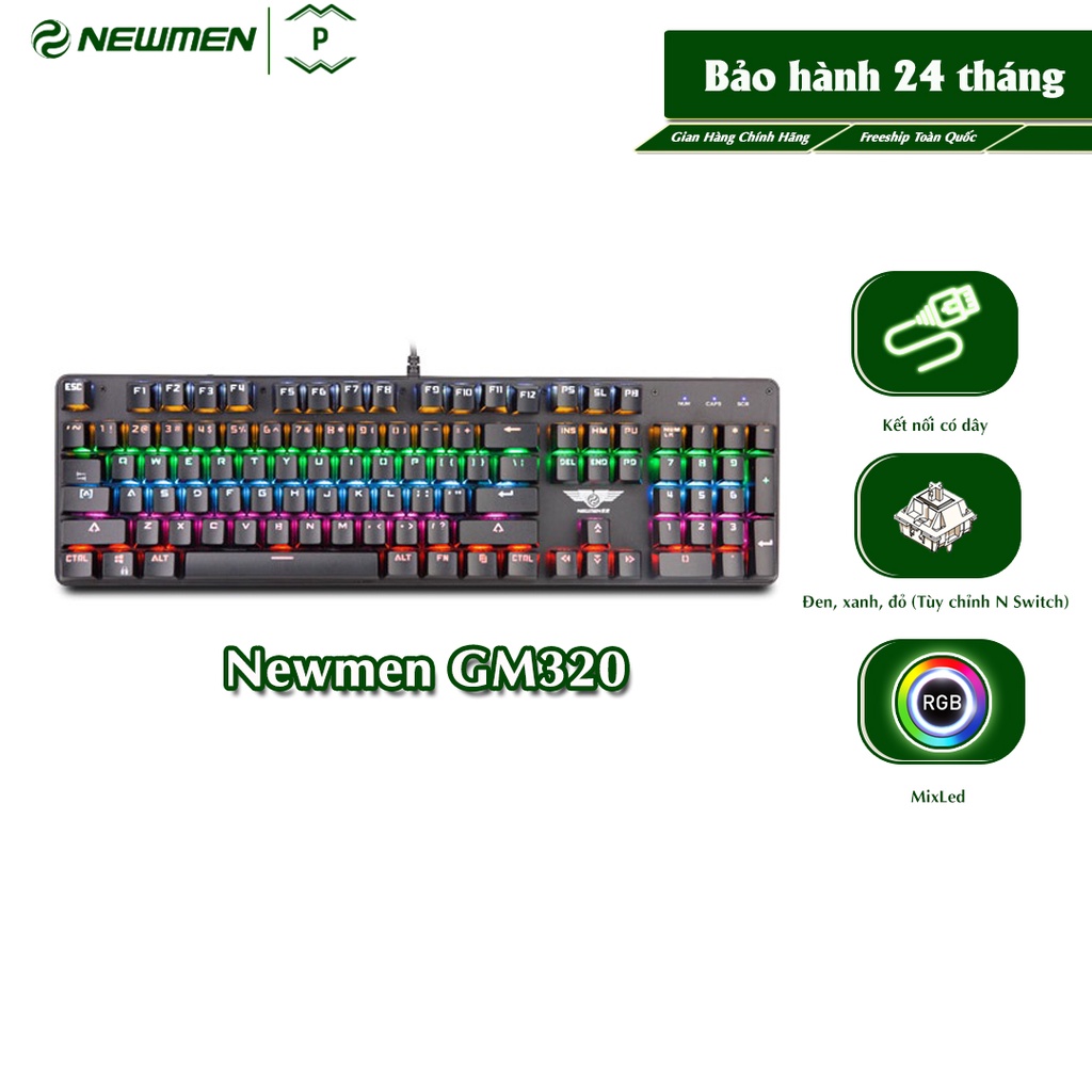 Bàn phím cơ có dây Gaming Newmen GM320 Full-size 104 nút, MixLED rực rỡ, double-shots keycap - Hàng chính hãng, bảo hành