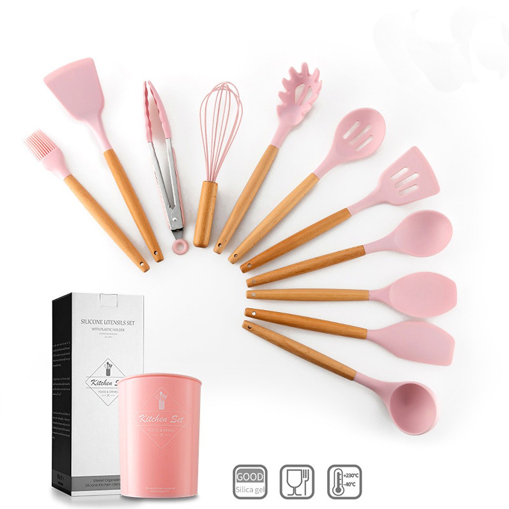 Set 11 Dụng Cụ Nhà Bếp Silicon Cao Cấp Màu Hồng Cute